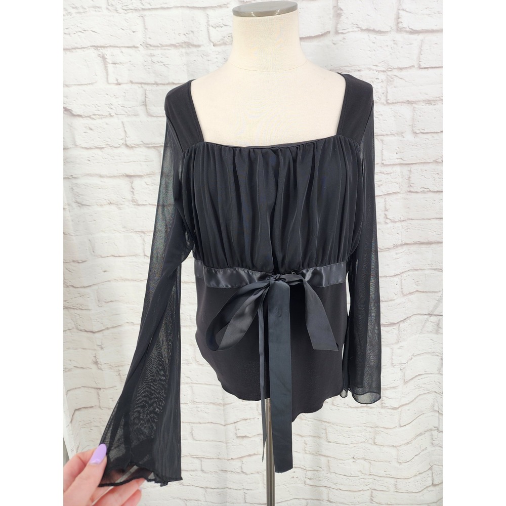 Vintage Y2K Babydoll Top Whimsigoth Dark Fairy Romance Sheer Mesh Satin Bow 1X